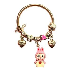 🤯5/$25🤯 Stretchy Pink Labubu Love Heart Crown Note Gold Child’s Charm Bracelet